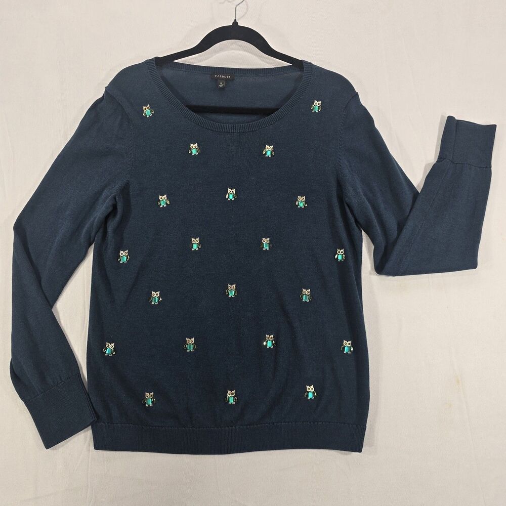 Talbots Bejeweled Owl Sweater Womens M Embellished Cottton Tencel Teacher Whimsy